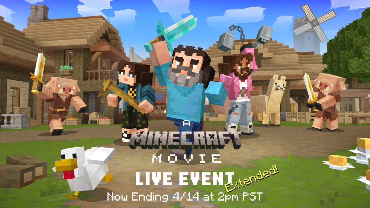 EXTENDED! Due to unprecedented demand and yearning for the mines, A Minecraft Movie Live Event has been extended and will now end April 14th 2pm PT.

Defend Midport Village in three mini games and complete all the challenges to earn the cape! aka.ms/AMinecraftMovi…