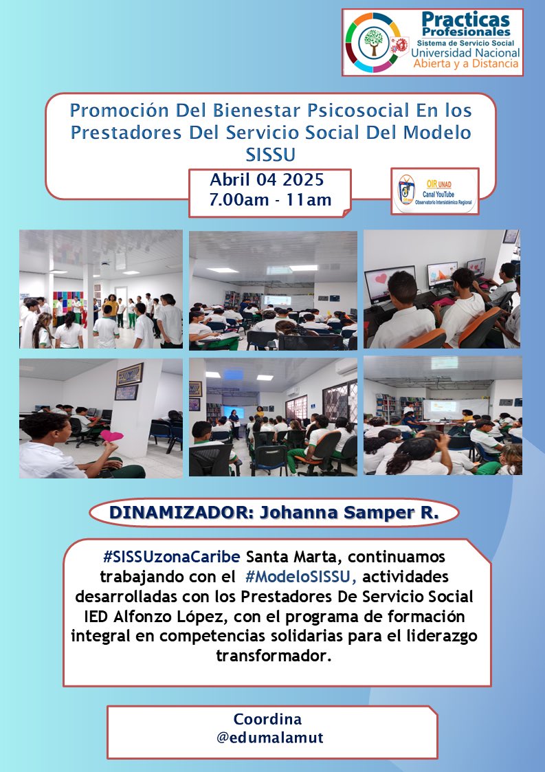 Johanna Samper (@jsamperrobles) on Twitter photo <a href="/Edumalamut/">Eduar Malamut Gómez</a> #SISSUzonaCaribe Santa Marta, continuamos trabajando con el #ModeloSISSU, actividades desarrolladas con los Prestadores De Servicio Social IED Alfonzo López, con el programa de formación integral en competencias solidarias para el liderazgo transformador. <a href="/Edumalamut/">Eduar Malamut Gómez</a> #SISSUzonaCaribe Santa Marta, continuamos trabajando con el #ModeloSISSU, actividades desarrolladas con los Prestadores De Servicio Social IED Alfonzo López, con el programa de formación integral en competencias solidarias para el liderazgo transformador.