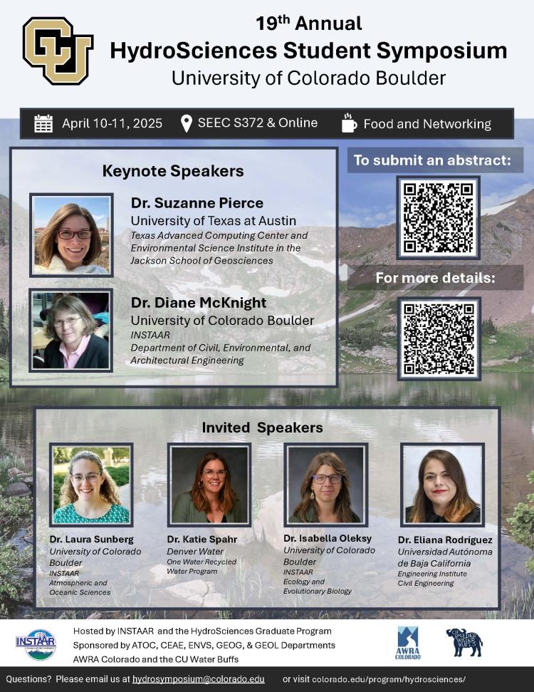 INSTAAR 🏳️🌈 (@instaar) on Twitter photo 🚨 HYDROLOGIC SCIENCES STUDENT SYMPOSIUM
• Thu-Fri, April 10-11
• <a href="/CUBoulder/">CU Boulder 🦬</a> SEEC S372 & online
• Register by April 9
• For grads & undergrads, researchers, & faculty. Non-CU folks too!
colorado.edu/program/hydros…
Speakers incl INSTAARs D. McKnight, L. Sunberg, & I. Oleksy 🚨 HYDROLOGIC SCIENCES STUDENT SYMPOSIUM
• Thu-Fri, April 10-11
• <a href="/CUBoulder/">CU Boulder 🦬</a> SEEC S372 & online
• Register by April 9
• For grads & undergrads, researchers, & faculty. Non-CU folks too!
colorado.edu/program/hydros…
Speakers incl INSTAARs D. McKnight, L. Sunberg, & I. Oleksy