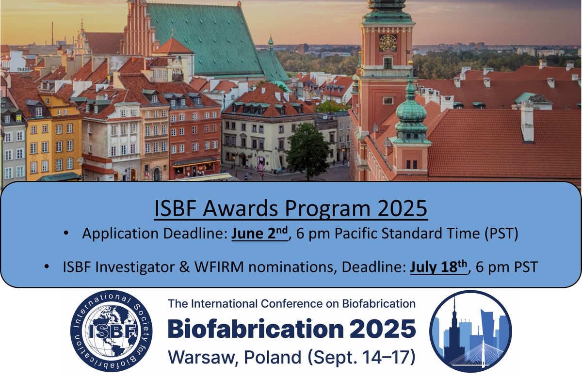 Intl Soc Biofab (@isbiofab) on Twitter photo The 2025 ISBF award program is now open for application (biofabricationsociety.org/about/award-prā¦)! The awards will be presented at the <a href="/Biofab2025/">ISBF Biofabrication 2025</a> conference in Warsaw, Poland from Sept 14-17, for which abstract submission closes in a week: biofabrication2025.org/abstract-submiā¦. The 2025 ISBF award program is now open for application (biofabricationsociety.org/about/award-prā¦)! The awards will be presented at the <a href="/Biofab2025/">ISBF Biofabrication 2025</a> conference in Warsaw, Poland from Sept 14-17, for which abstract submission closes in a week: biofabrication2025.org/abstract-submiā¦.