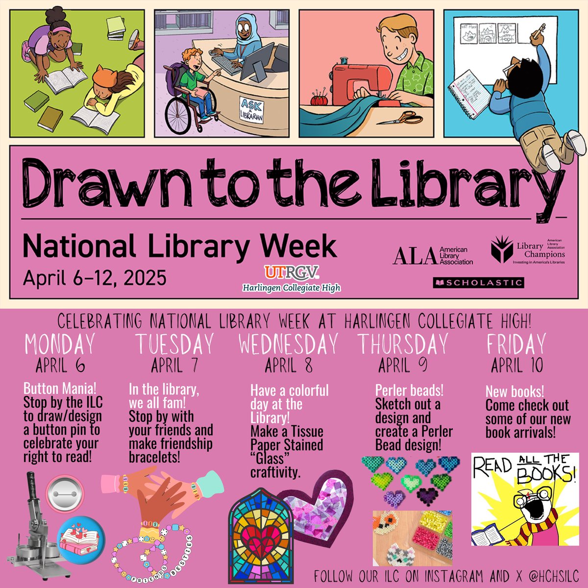 It’s National Library Week at the ILC, and we’re celebrating with makerspaces all week!
📖 Mon: Make your buttons!
👯‍♀️ Tues: Friendship bracelets
🎨 Wed: Tissue paper stained glass
🔵 Thurs: Perler bead art
📚 Fri: Browse new books!
Celebrate reading, creativity &amp; access for all!