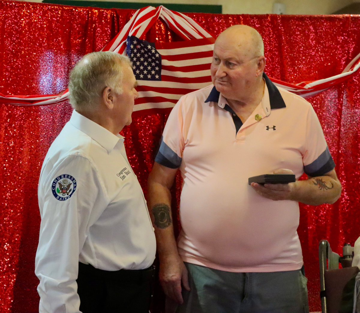 RepJimBaird's tweet photo. I was honored to present fellow U.S. Army Vietnam Veteran Larry Harding with a Purple Heart. Harding was injured by shrapnel during a mortar attack and deserves this distinction for his heroism and selfless sacrifice to our country. Please join me in thanking Larry Harding for his service.