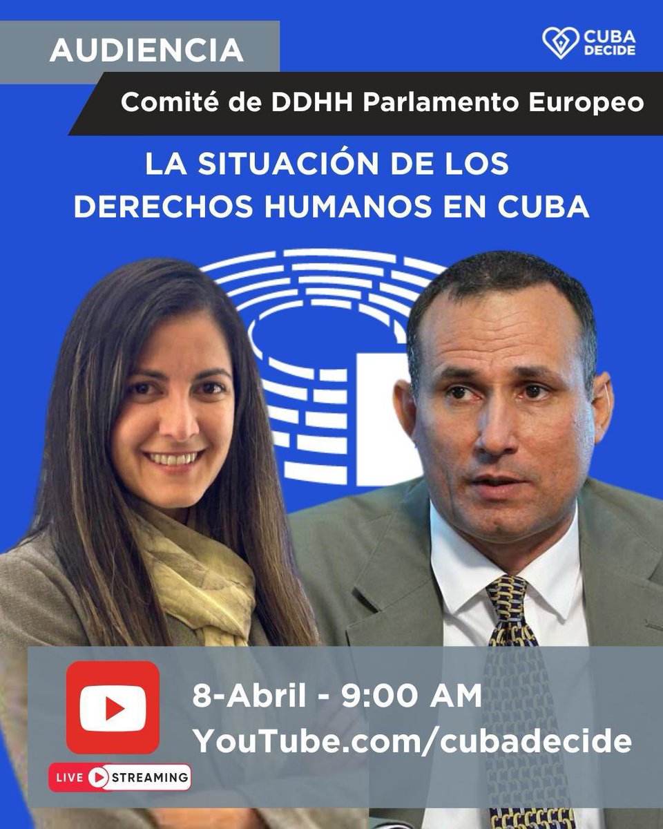 📣Mañana testificaré junto a José Daniel Ferrer ante el Comité de #DDHH del Parlamento Europeo.
📣Haremos justicia a las víctimas de los dictadores.
📣Es hora de poner fin al financiamiento europeo a la dictadura cubana.

Sigue la audiencia EN VIVO, 9AM, por YouTube: @CubaDecide