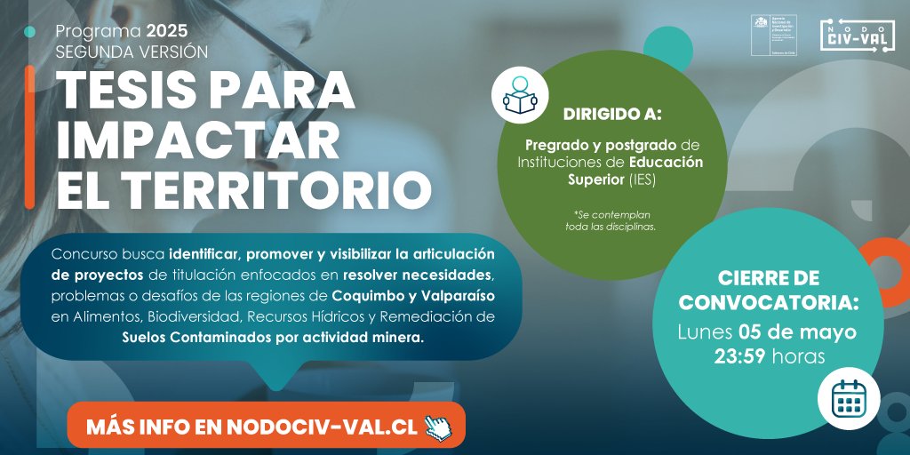 ¡Postulaciones abiertas 📣!
🔸 Programa Tesis para Impactar el Territorio abre su convocatoria 2025.
📌 Cierre 05 de mayo 
Más información y bases en nodociv-val.cl/2025/04/07/par… #Ciencia #Impacto #Estudiantes #Territorios #Concurso