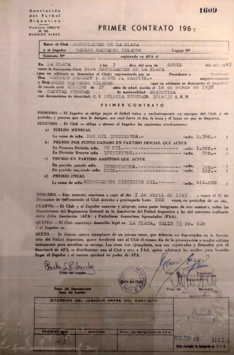 Hace 60 años, Carlos Salvador Bilardo firmaba su primer contrato como jugador profesional de #EDLP