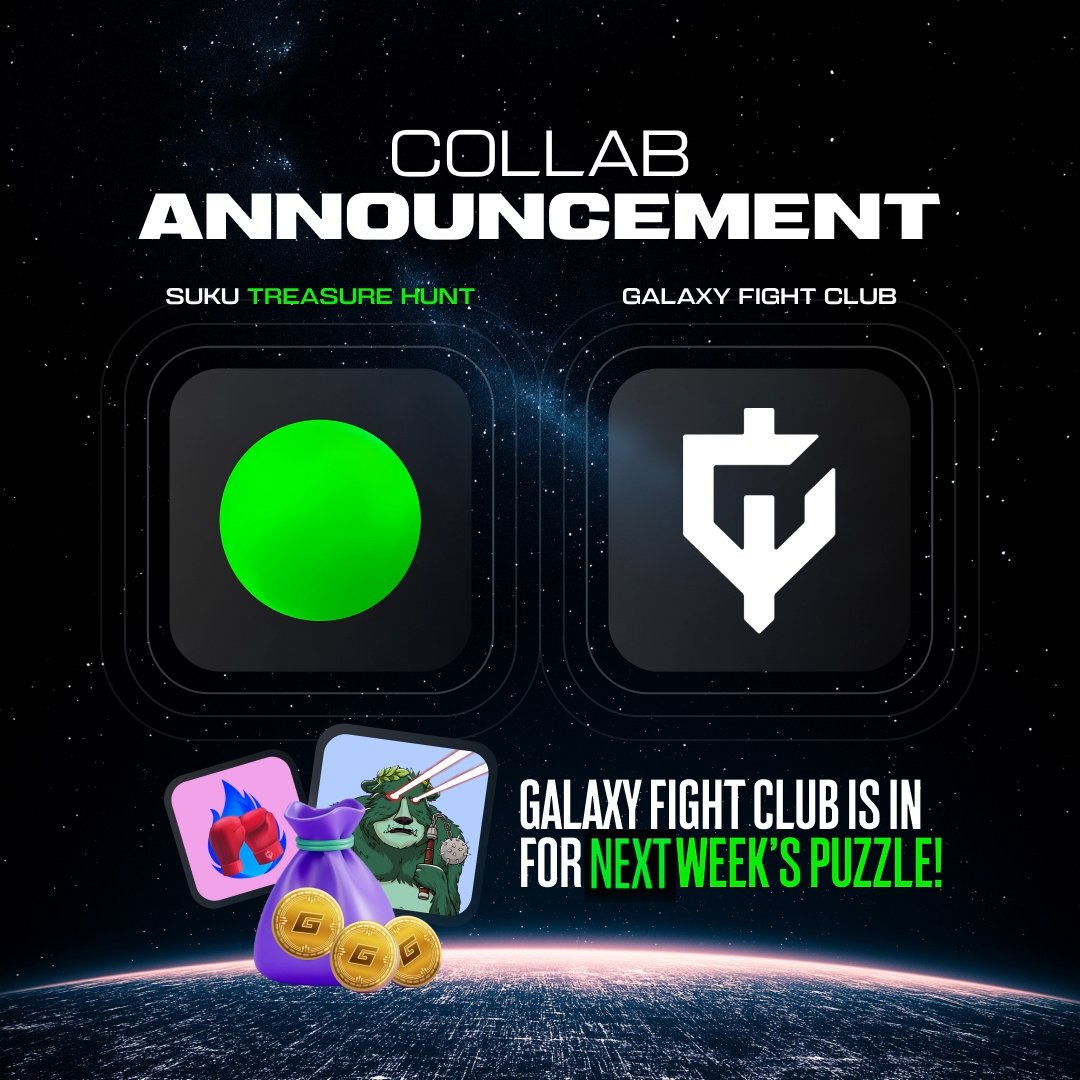 Suku (@suku_world) on Twitter photo Suku Treasure Hunt π€ Galaxy Fight Club
Weβre super excited to team up with <a href="/GalaxyFight_NFT/">Galaxy Fight Club</a> for next weekβs puzzle!
All GFC holders will have access to an exclusive clue that'll be available in our Discord. Hop in, and use it to increase your chances of taking home this epic Suku Treasure Hunt π€ Galaxy Fight Club
Weβre super excited to team up with <a href="/GalaxyFight_NFT/">Galaxy Fight Club</a> for next weekβs puzzle!
All GFC holders will have access to an exclusive clue that'll be available in our Discord. Hop in, and use it to increase your chances of taking home this epic