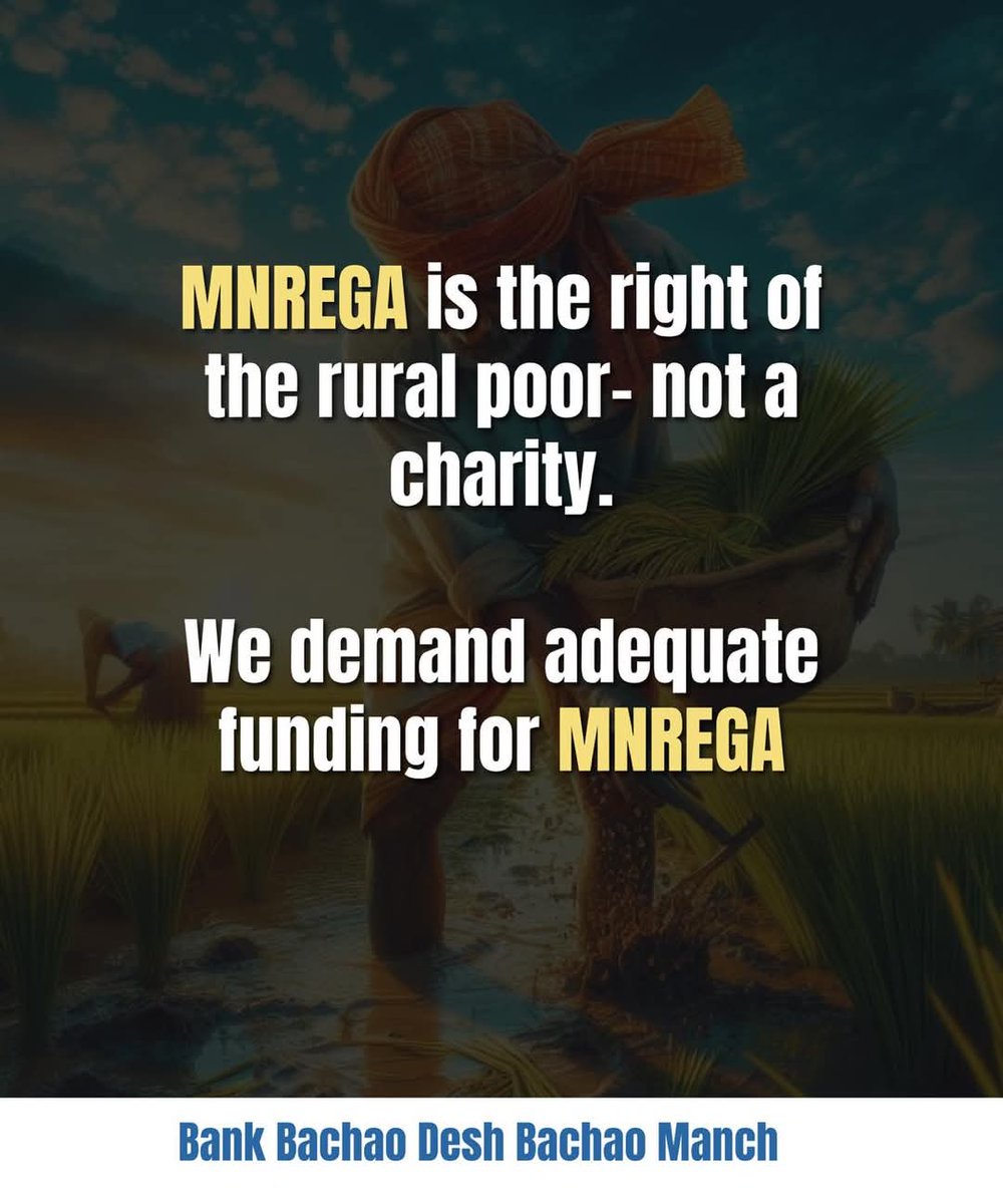 Soumya Datta (@soumyadatta7) on Twitter photo Slashing MNREGA funds undermines livelihoods and deepens distress. We demand adequate funding and timely payments.
<a href="/PMOIndia/">PMO India</a>
<a href="/nsitharaman/">Nirmala Sitharaman</a>
<a href="/RahulGandhi/">Rahul Gandhi</a>
<a href="/MamataOfficial/">Mamata Banerjee</a>
<a href="/mkstalin/">M.K.Stalin</a>
<a href="/SanjayAzadSln/">Sanjay Singh AAP</a>
#SaveMNREGA #RightToWork #RuralJustice #BankBachaoDeshBachaoManch Slashing MNREGA funds undermines livelihoods and deepens distress. We demand adequate funding and timely payments.
<a href="/PMOIndia/">PMO India</a>
<a href="/nsitharaman/">Nirmala Sitharaman</a>
<a href="/RahulGandhi/">Rahul Gandhi</a>
<a href="/MamataOfficial/">Mamata Banerjee</a>
<a href="/mkstalin/">M.K.Stalin</a>
<a href="/SanjayAzadSln/">Sanjay Singh AAP</a>
#SaveMNREGA #RightToWork #RuralJustice #BankBachaoDeshBachaoManch
