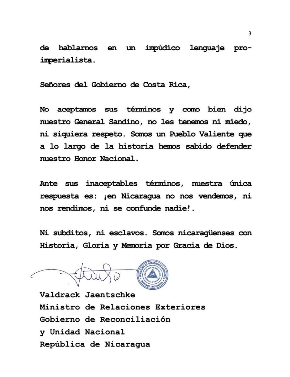 🇳🇮🇳🇮 Nicaragua rechaza la injerencia de Costa Rica en asuntos soberanos, denunciando su actitud agresiva y lesiva al orden democrático. No aceptamos imposiciones ni amenazas, pues nuestra historia nos ha enseñado a defender con firmeza nuestra dignidad y soberanía.