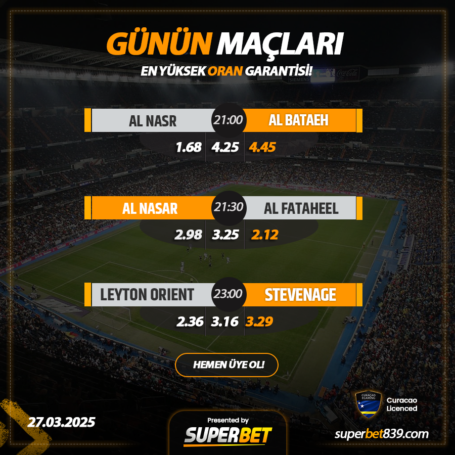 TRSUPERBET's tweet photo. ☄️ #SUPERBET'TEN %20 YATIRIM + %20 KAYIP BONUSU!

⚽️Al Nasr - Al Bataeh
⚽️Al Nasar - Al Fataheel
⚽️Leyton Orient - Stevenage

📷#Superbet'te Günlük 5.000.000₺ Çekim İmkanı!
Giriş; (https://t.co/GdKaIAwFjM) https://t.co/DFb3Iv2NSq