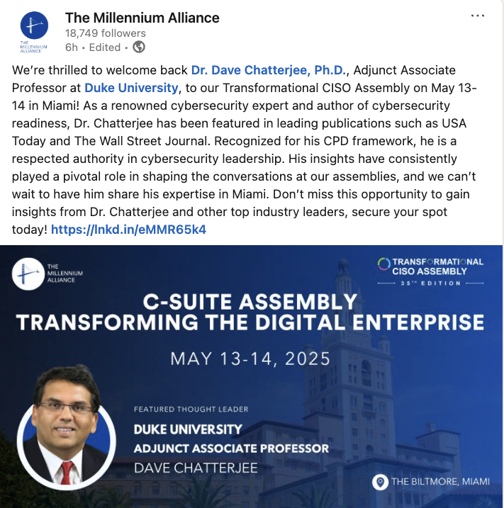 I am honored to be invited back by The Millennium Alliance to moderate the CISO Roundtable and the Keynote Breakfast Panel. The topics are great and should stimulate some excellent discussion.