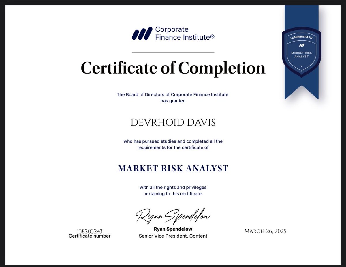 Recently completed the Risk Management Specialisation from CFI and earned the Certifications for the roles of Credit Risk Analyst and Market Risk Analyst. 

#Finance #CorporateFinance #ProfessionalGrowth