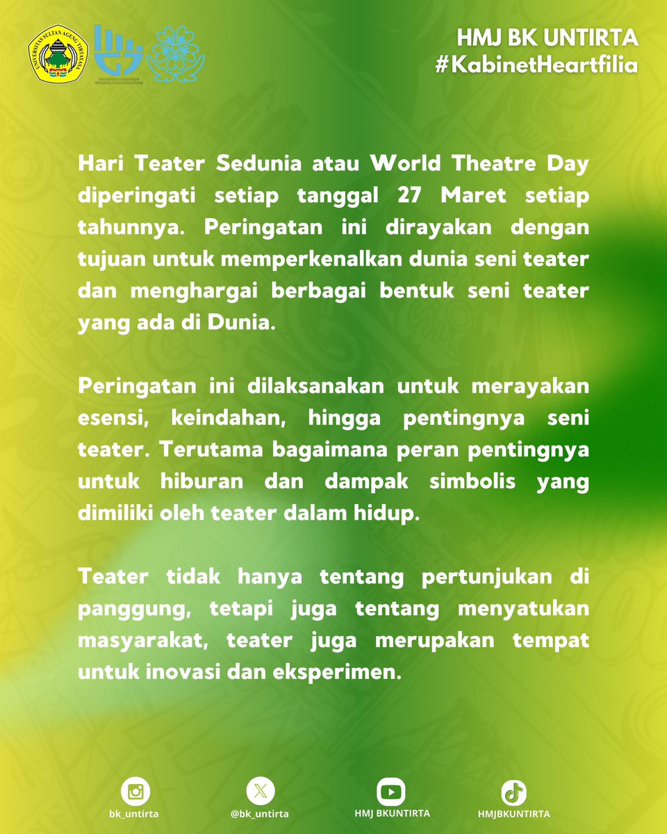 [Selamat Hari Teater Sedunia]

Selamat Hari Teater Sedunia! Teater bukan hanya hiburan, tapi juga sarana untuk menyampaikan sebuah pesan dan membangun kesadaran. 

#DEPARTEMENKOMINFO
#KOMINFOHMJBKUNTIRTA
#KABINETHEARTFILIA
#HMJBKUNTIRTA
#KBMBKUNTIRTA