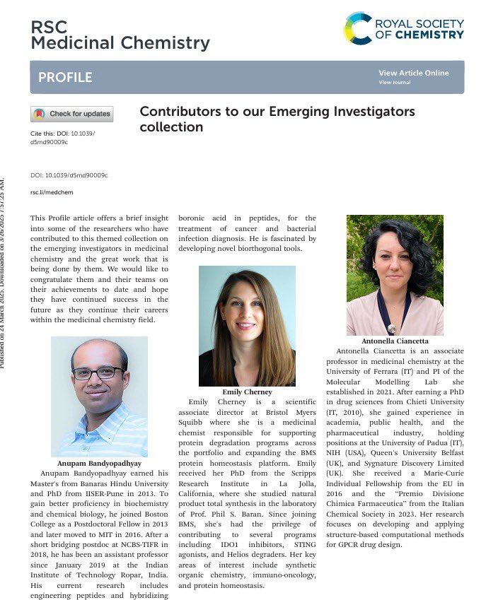 Anupam Bandyopadhyay (@ab_iitrpr) on Twitter photo #EmergingInvestigator Thank you <a href="/rsc_medchem/">RSC Medicinal Chemistry</a> for the recognition.
Appreciate supports of students, family, and colleagues.
Thanks for the generous funding support <a href="/ANRFIndia/">Anusandhan National Research Foundation</a> <a href="/iitrpr/">IIT ROPAR</a> <a href="/AmnealPharma/">Amneal Pharmaceuticals</a>
pubs.rsc.org/en/content/art… #EmergingInvestigator Thank you <a href="/rsc_medchem/">RSC Medicinal Chemistry</a> for the recognition.
Appreciate supports of students, family, and colleagues.
Thanks for the generous funding support <a href="/ANRFIndia/">Anusandhan National Research Foundation</a> <a href="/iitrpr/">IIT ROPAR</a> <a href="/AmnealPharma/">Amneal Pharmaceuticals</a>
pubs.rsc.org/en/content/art…