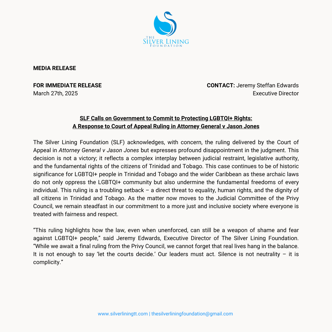 slftt's tweet image. 🚨 𝐌𝐄𝐃𝐈𝐀 𝐑𝐄𝐋𝐄𝐀𝐒𝐄 🚨

We are deeply disappointed in the AG v Jason Jones ruling. We stand with Justice Kokaram’s powerful dissent on privacy &amp;amp; equality. Read our full statement 🔗: silverliningtt.com/ag-v-jason-jon… #EndDiscrimination #SLFTT
