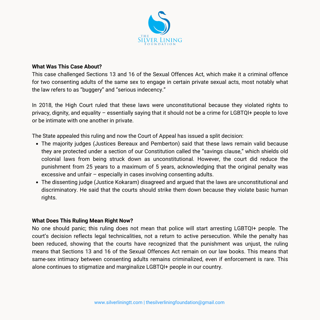 slftt's tweet image. 🚨 𝐌𝐄𝐃𝐈𝐀 𝐑𝐄𝐋𝐄𝐀𝐒𝐄 🚨

We are deeply disappointed in the AG v Jason Jones ruling. We stand with Justice Kokaram’s powerful dissent on privacy &amp;amp; equality. Read our full statement 🔗: silverliningtt.com/ag-v-jason-jon… #EndDiscrimination #SLFTT