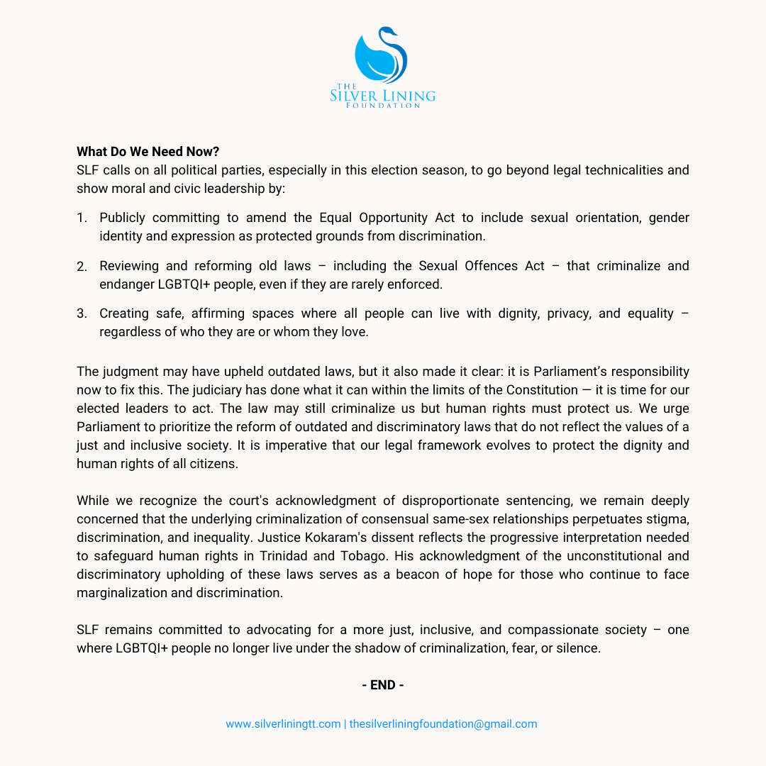 slftt's tweet image. 🚨 𝐌𝐄𝐃𝐈𝐀 𝐑𝐄𝐋𝐄𝐀𝐒𝐄 🚨

We are deeply disappointed in the AG v Jason Jones ruling. We stand with Justice Kokaram’s powerful dissent on privacy &amp;amp; equality. Read our full statement 🔗: silverliningtt.com/ag-v-jason-jon… #EndDiscrimination #SLFTT