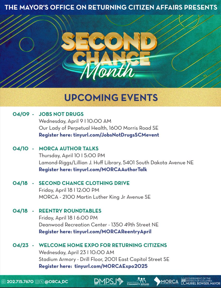 This April <a href="/MayorBowser/">Mayor Muriel Bowser</a> and the Mayor’s Office on Returning Citizen Affairs <a href="/ORCA_DC/">Mayor’s Office on Returning Citizen Affairs</a>  invite you to celebrate Second Chance Month—a nationwide effort to support returning citizens. Join us for events focused on providing a #FairShot 
RSVP: linktr.ee/morcalinks