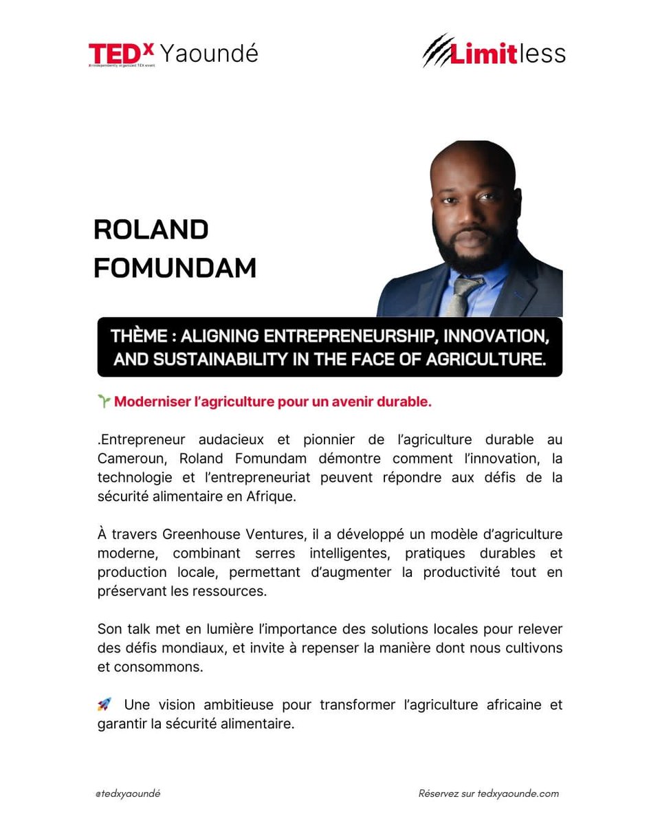 🚨Here comes another TedxYaoundé speaker, @RolandFomundam CEO of <a href="/greenhousecamer/">GreenHouse Ventures</a>. "Aligning Entrepreneurship, Innovation, and Sustainability in the Face of Agriculture" will be his Talk's theme.
🎤 Hurry and get your participation tickets at → tedxyaounde.com/event