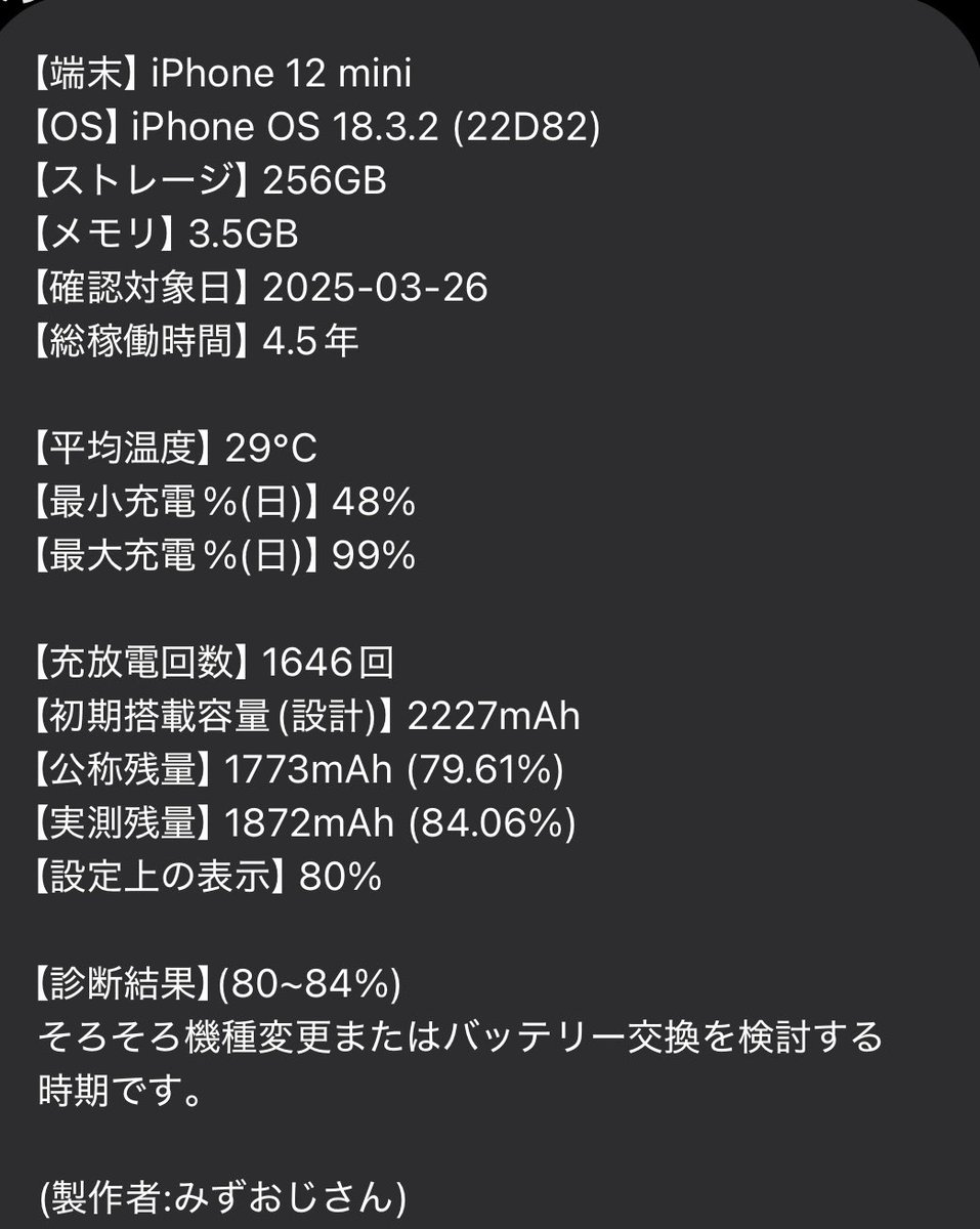 みずおじさんの作成した「バッテリーチェッカーXで、自分のiPhone12 miniを診断した。まあまあの結果だった。

#iPhone健康診断#みずおじさん