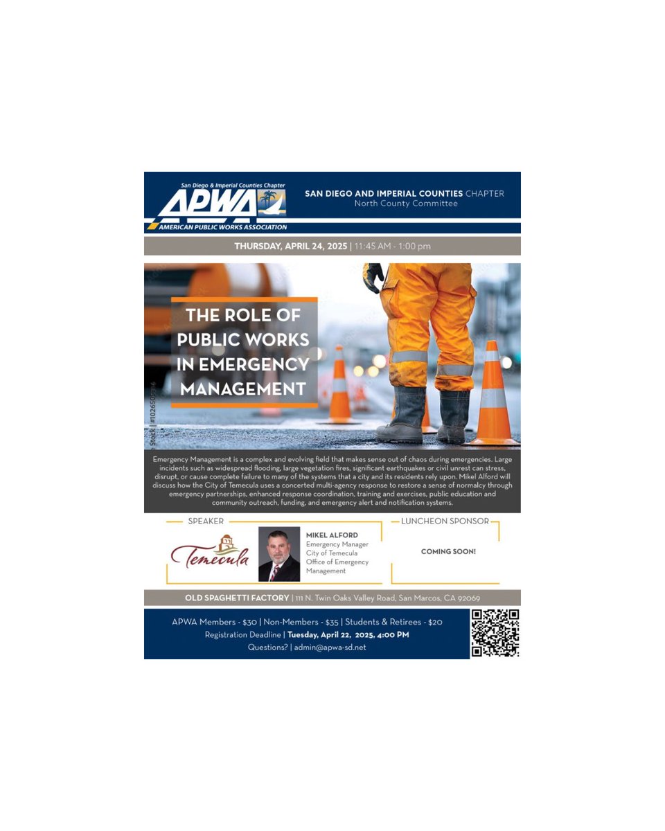 APWASanDiego (@apwasandiego) on Twitter photo Join the APWA North County Committee 4/24 at 11:45am <a href="/OldSpaghFactory/">OldSpaghettiFactory</a>! Emergency Management is a complex field. Mikel Alford discusses how the <a href="/cityoftemecula/">City of Temecula</a> uses multi-agency response to restore normalcy through emergency partnerships & enhanced coordination. ➡️ over to our bio Join the APWA North County Committee 4/24 at 11:45am <a href="/OldSpaghFactory/">OldSpaghettiFactory</a>! Emergency Management is a complex field. Mikel Alford discusses how the <a href="/cityoftemecula/">City of Temecula</a> uses multi-agency response to restore normalcy through emergency partnerships & enhanced coordination. ➡️ over to our bio