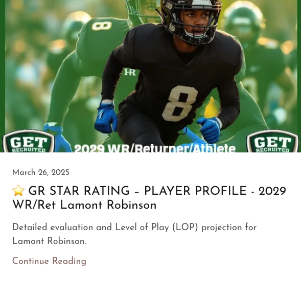 Coach Anzevino (@coacha35) on Twitter photo GR Rating: โ
โ
โ
โ
โ (4.0 Stars)
๐ฅ Lamont Robinson <a href="/LamontRobins0n/">Lamont Robinson</a> #SpeedKills
๐ Position: WR/Ret/ATH #8
State: NJ
๐ฅ<a href="/CoachA35/">Coach Anzevino</a> GR Review: loom.ly/0qH_8qo
๐ <a href="/Get__Recruited/">Get Recruited</a> <a href="/Coach_Brady/">Aaron Brady</a> <a href="/GoMVB/">GoMVB Sports - Recruit Content for College Coaches</a>
<a href="/DCoachBupRob/">Lamont โCoach Bupโ Robinson</a> <a href="/Lexi_Recruit/">@Lexi_Get_Recruited</a>
<a href="/MUHawksFB/">Monmouth Football</a> @DelawareFB <a href="/Temple_FB/">Temple Football</a>
#GRStarRated GR Rating: โ
โ
โ
โ
โ (4.0 Stars)
๐ฅ Lamont Robinson <a href="/LamontRobins0n/">Lamont Robinson</a> #SpeedKills
๐ Position: WR/Ret/ATH #8
State: NJ
๐ฅ<a href="/CoachA35/">Coach Anzevino</a> GR Review: loom.ly/0qH_8qo
๐ <a href="/Get__Recruited/">Get Recruited</a> <a href="/Coach_Brady/">Aaron Brady</a> <a href="/GoMVB/">GoMVB Sports - Recruit Content for College Coaches</a>
<a href="/DCoachBupRob/">Lamont โCoach Bupโ Robinson</a> <a href="/Lexi_Recruit/">@Lexi_Get_Recruited</a>
<a href="/MUHawksFB/">Monmouth Football</a> @DelawareFB <a href="/Temple_FB/">Temple Football</a>
#GRStarRated