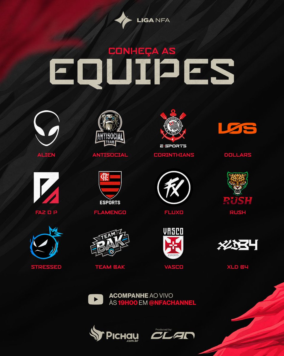 liganfa's tweet photo. Bora conferir quem são as equipes participantes da nossa LIGA NFA SPLIT 1! 🚀
Quem você está ansioso para ver jogar? 👀🔥 https://t.co/I2WvvNrvbB