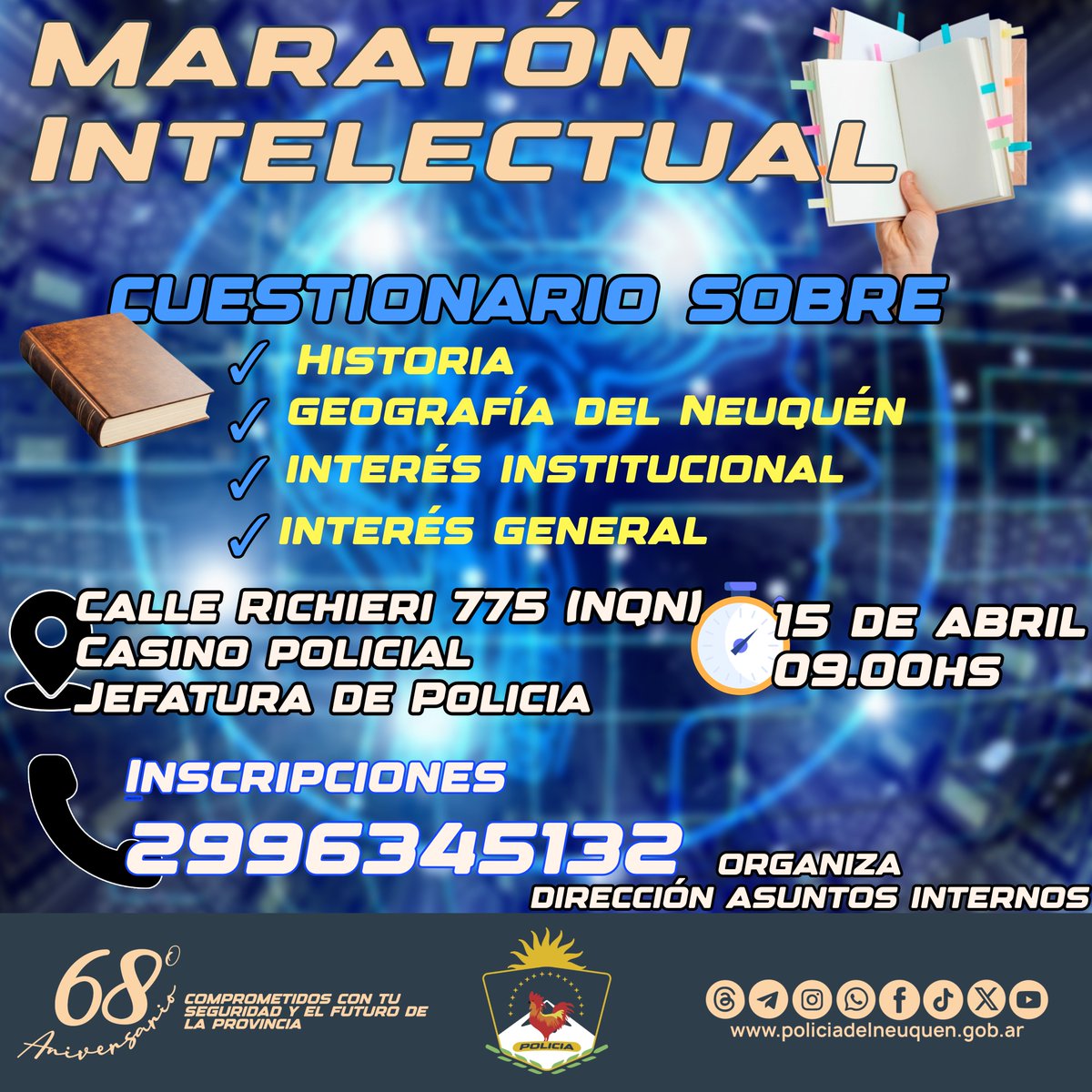 📔𝐌𝐀𝐑𝐀𝐓𝐎́𝐍 𝐈𝐍𝐓𝐄𝐋𝐄𝐂𝐓𝐔𝐀𝐋 📔

15 DE ABRIL 2025
HORARIO 09.00HS

INSCRIPCIONES
2996345132