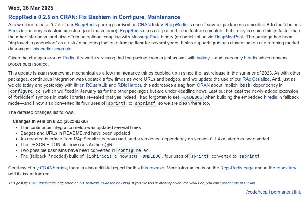 eddelbuettel's tweet photo. RcppRedis 0.2.5 on CRAN: Fix Bashism in Configure 
Performant R interface to Redis and Valkey
https://t.co/4u0ua08bPo
#rstats #rcpp https://t.co/CQuRiaoZVu