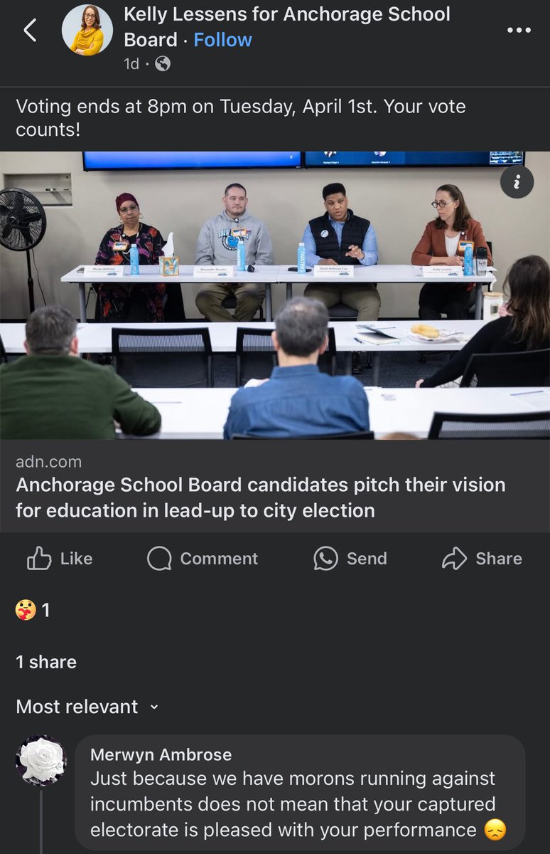 MAC4ANC's tweet photo. Now, my opponent spends over $25,000 to misinform voters about my qualifications and vision. We can assume she must feel threatened when her own constituents are not “pleased with her performance”.

#Vote #MarkAnthonyCox #AnchorageSchoolBoard #AnchorageFirst https://t.co/pvPlpY7Rmp