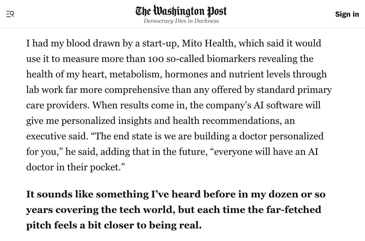 Cool surprise this morning: Woke up to <a href="/usemitohealth/">Mito Health</a> featured in <a href="/washingtonpost/">The Washington Post</a> 🙂

At Mito Health we’re building the future of healthcare: Early detection, prevention, and empowering you to achieve peak health. As Wapo notes, it’s not a novel idea by any means, but the time is