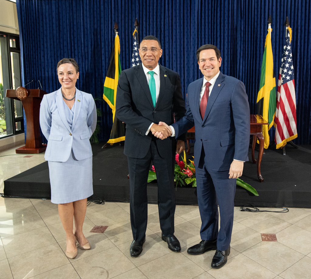 SecRubio's tweet photo. Pleasure to meet with Prime Minister @AndrewHolnessJM and Foreign Minister Johnson Smith as we take steps to deepen the strong and enduring U.S.-Jamaica partnership. We’re working together to promote a secure and prosperous Caribbean region, end illegal immigration, and stop the targeted financial scamming of American citizens.