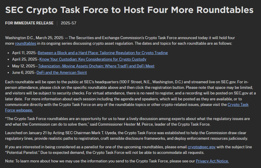🇺🇸The SEC's Crypto Task Force will hold four roundtables with crypto industry leaders to discuss regulation of trading, custody, tokenization, and DeFi. Trump says stablecoin rules may be ready by August.