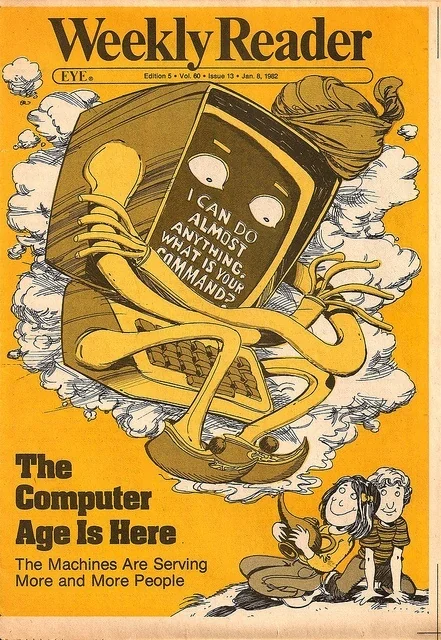 ackza619's tweet image. 90s &amp;amp; before kids will remember this gem of childhood Federal propaganda #weeklyreader 

Now look at that computer genie, may as well replace "Computer" age with "AI" age. It still applies.

And the, 'i can do almost anything, what is your command?" now makes sense with a chatbot