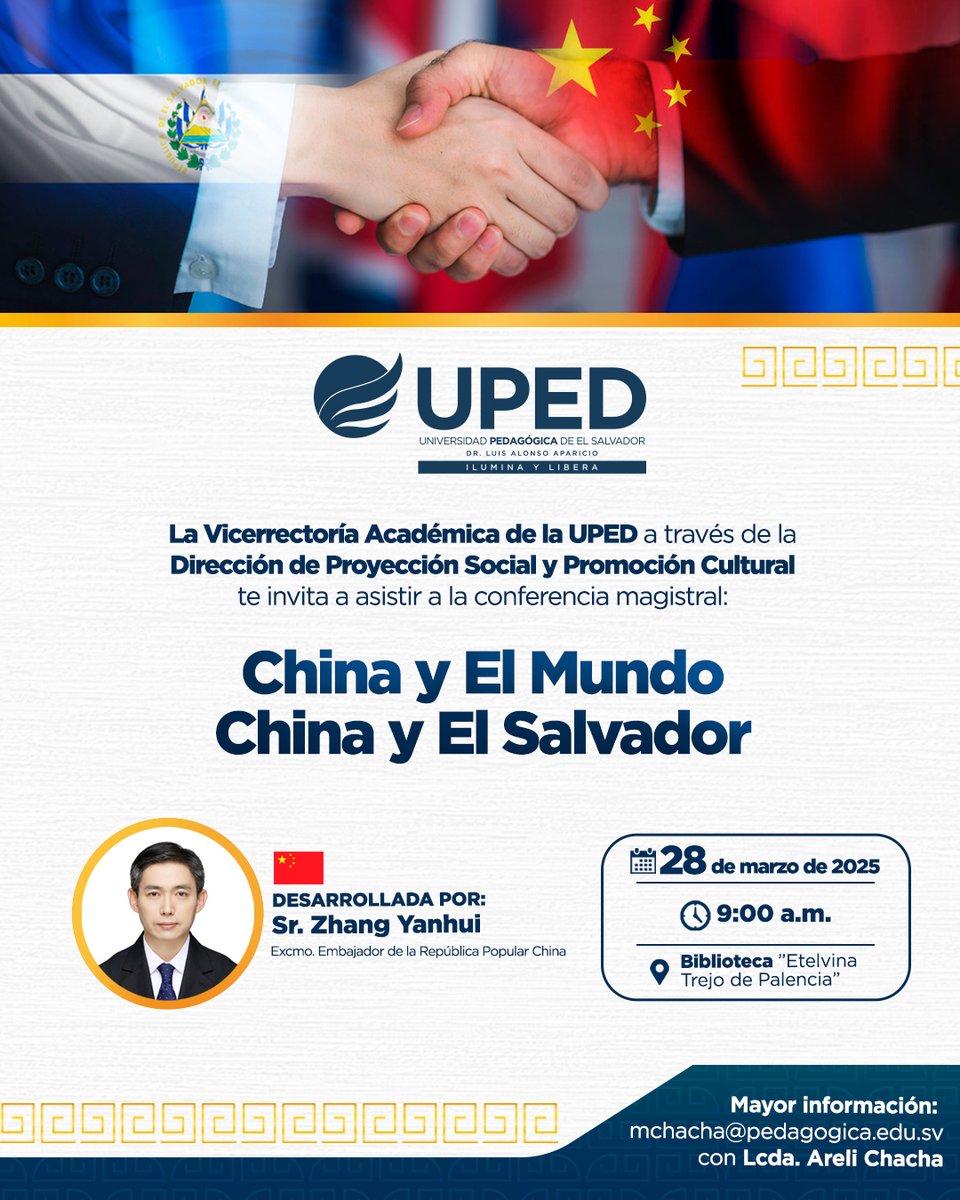 La Vicerrectoría Académica de la UPED a través de la Dirección de Proyección Social y Promoción Cultural te invta a asisitir a la conferencia: "China y El Mundo, China y El Salvador"

 Fecha: 28 de marzo de 2025
 Hora: 9:00 a.m.
 Lugar: Biblioteca Etelvina Trejo de Palencia