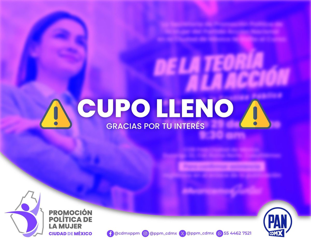Promoción Política de la Mujer Ciudad de México (@ppm_cdmx) on Twitter photo 🙋🏻♀️Agradecemos tu interés en asistir a nuestro curso “De la Teoría a la Acción. Mujeres en la Gestión Pública”.
Nos vemos este sábado 29 de marzo a las 9:30 de la mañana en el Comité Directivo Regional del PAN CDMX. 
¡Te esperamos!
🟣#AvancemosJuntas 🙋🏻♀️Agradecemos tu interés en asistir a nuestro curso “De la Teoría a la Acción. Mujeres en la Gestión Pública”.
Nos vemos este sábado 29 de marzo a las 9:30 de la mañana en el Comité Directivo Regional del PAN CDMX. 
¡Te esperamos!
🟣#AvancemosJuntas
