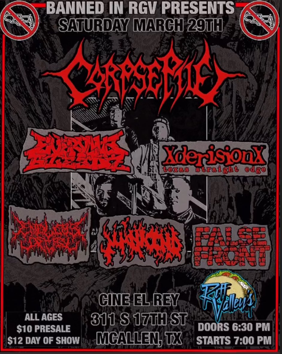 xDERISIONx (@xderisionx) on Twitter photo McAllen Saturday w our good friends <a href="/CorpsePileTXDM/">Corpse Pile</a> and Everyone Bleedz. <a href="/RiffValleyTX/">Riff Valley</a> will be in attendance. Everyone say “thank u <a href="/BannedinRGV/">Banned in RGV</a>…” McAllen Saturday w our good friends <a href="/CorpsePileTXDM/">Corpse Pile</a> and Everyone Bleedz. <a href="/RiffValleyTX/">Riff Valley</a> will be in attendance. Everyone say “thank u <a href="/BannedinRGV/">Banned in RGV</a>…”