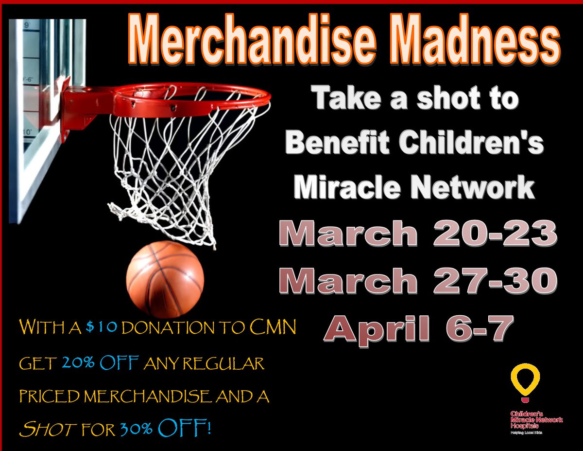 🏀 Merchandise Madness! Donate $10 to Children’s Miracle Network &amp;amp; get 20% off regular-priced merch—PLUS a shot at 30% off! 📅 March 27-30 &amp; April 6-7. Shop &amp; support! #GolfDeals #ShopForACause