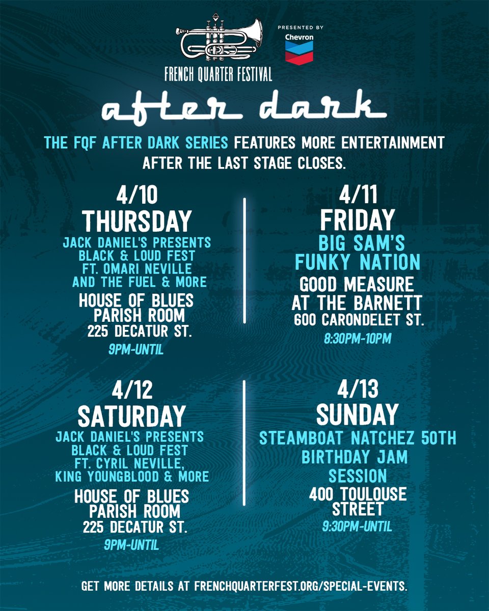 FQFestNOLA's tweet image. When the sun goes down, the good times keep rolling with our nighttime concert series, FQF After Dark.
Back for its fourth year, the FQF After Dark shows feature incredible musical performances at unique and storied music venues around town.
frenchquarterfest.org/special-events