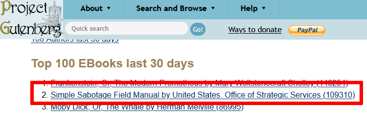taggedzi's tweet photo. Does anyone else find it #odd or #disturbing that the "Simple Sabotage Field Manual" is in the list of top 100 EBooks downloaded in the last 30 days from Project Gutenberg? or is it just me? https://t.co/i8seADCaE5 https://t.co/czEkEbTsK9