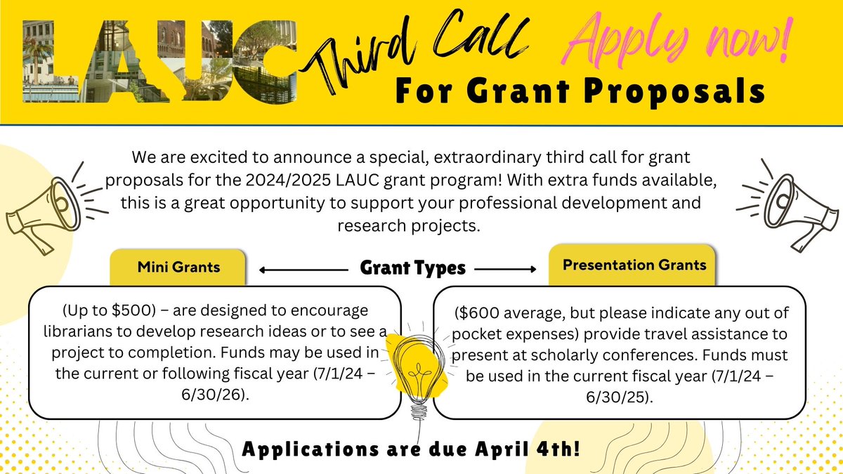 LAUClibrarians's tweet photo. A rare third call for LAUC grant proposals has been issued for the 2024/2025 grant program. Don't miss this opportunity to secure funding for your research and professional development!  LAUC website: https://t.co/wsgo3SMjRL
APPLICATION DEADLINE: APRIL 4, 2024 https://t.co/pBEOWiDDZz