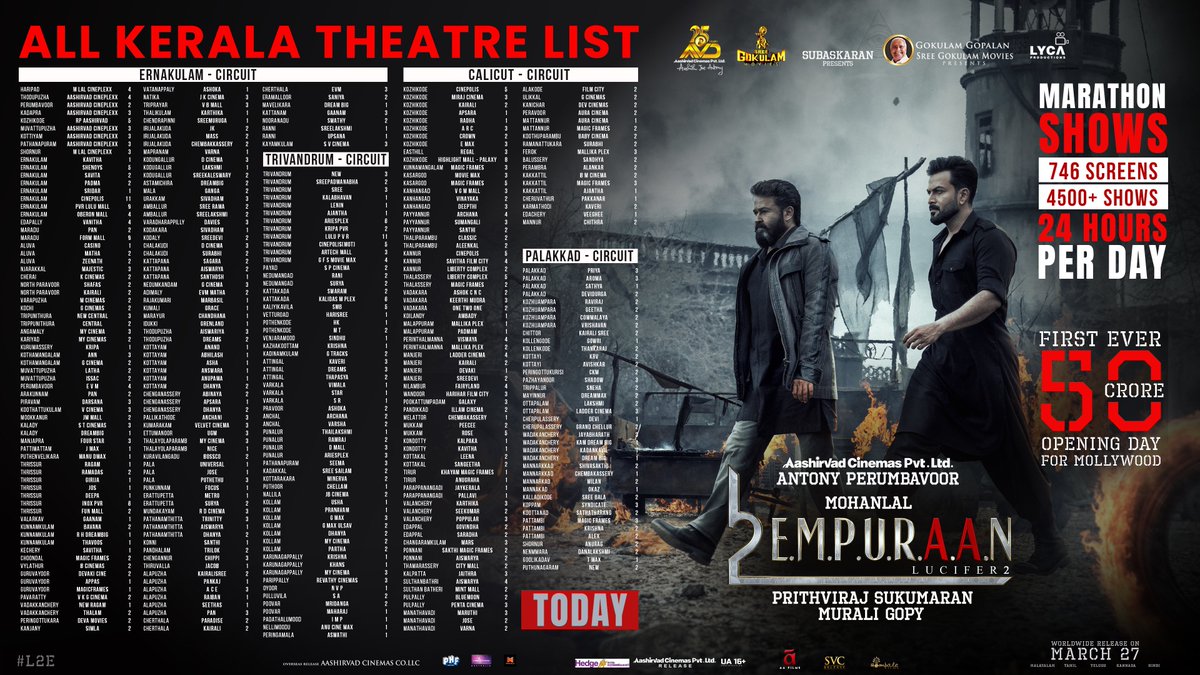 #L2E #Empuraan - All Kerala Theatre list! 
In theatres From Today!!