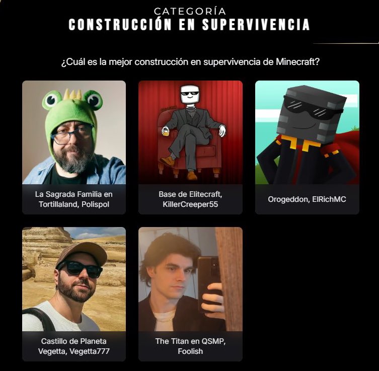 Wey como es eso que Vegetta y foolish estan nominados en la categoría de construcción NO MAMES ESO SI QUE ES PONER A LOS MEROS MEROS A COMPETIR AJJAJAJA XD 

El castillo de planeta Vegetta está bien chingón la neta pero la sagrada familia que hizo Pol es otro nivel :D