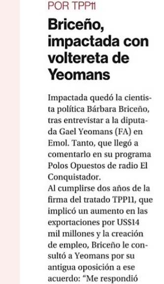 Impacta la liviandad y  voltereta de @GaelDiputada en favor del nefasto TPP11 el que rechazó en su momento. Ello demuestra su falta de vinculación real con los movs sociales y que nunca escuchó   realmente los argumentos de <a href="/chilesintlc/">Chile mejor sin TLC</a> y de los territorios en su rechazo al TPP