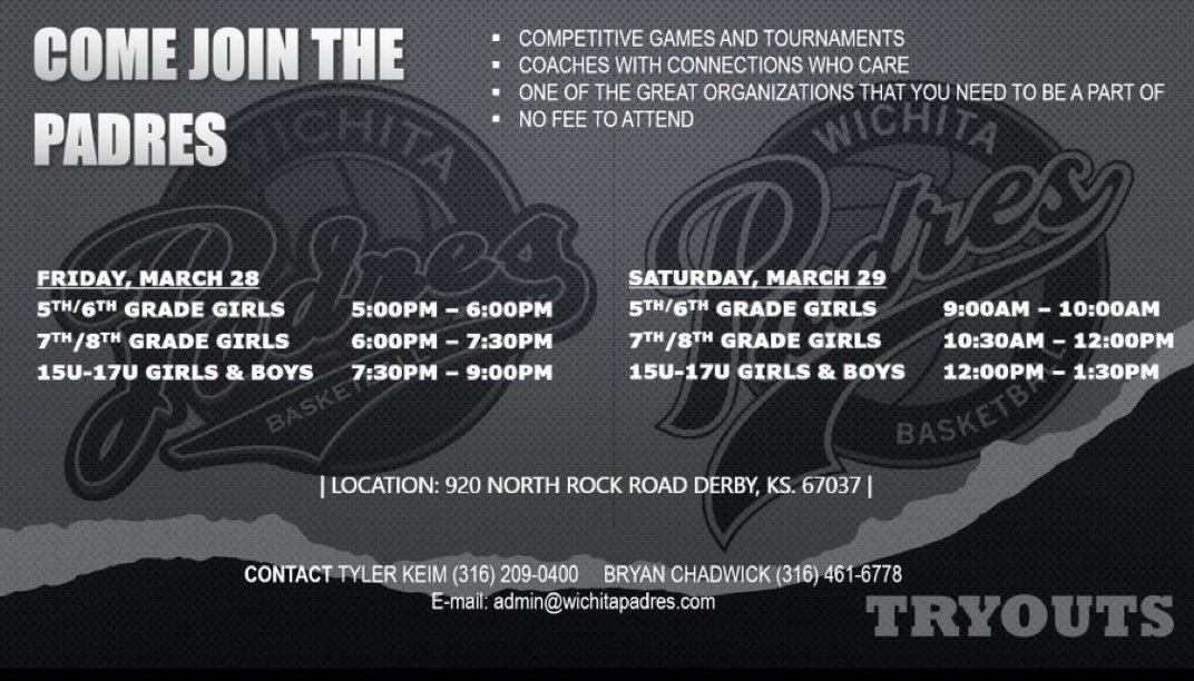 ONLY 2 MORE DAYS UNTIL TRYOUTS 🚨

— No fee attend 🚫
— Be a part of a family environment 🏠
— Competitive games and tournaments 🏀

⏩  Skip the line and sign up ahead of time at wichitapadres.com ⏩