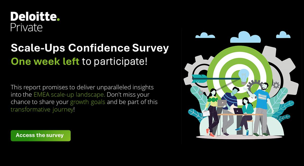 Only one week left to join the 6th Deloitte Private Scale-Up Confidence Survey! Your insights as founders and leaders are vital for shaping innovation and growth. Share your experiences to drive meaningful change in the industry. Participate now: delo.tt/6011F8OS1