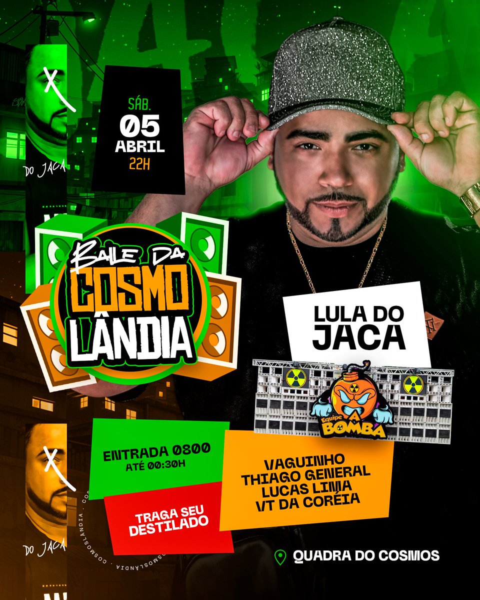 Dia 05 de Abril estaremos de Volta, BAILE DA COSMOLANDIA 🇮🇪

Dessa vez o nosso DJ convidado É o DJ LULA DO JACA, quebrando tudo com as antigas e as novas do BAILE DO JACA, Oh o Lula aeeeeeeeee..

Camarotes Consumação, entre em contato via : 21 96442-4861