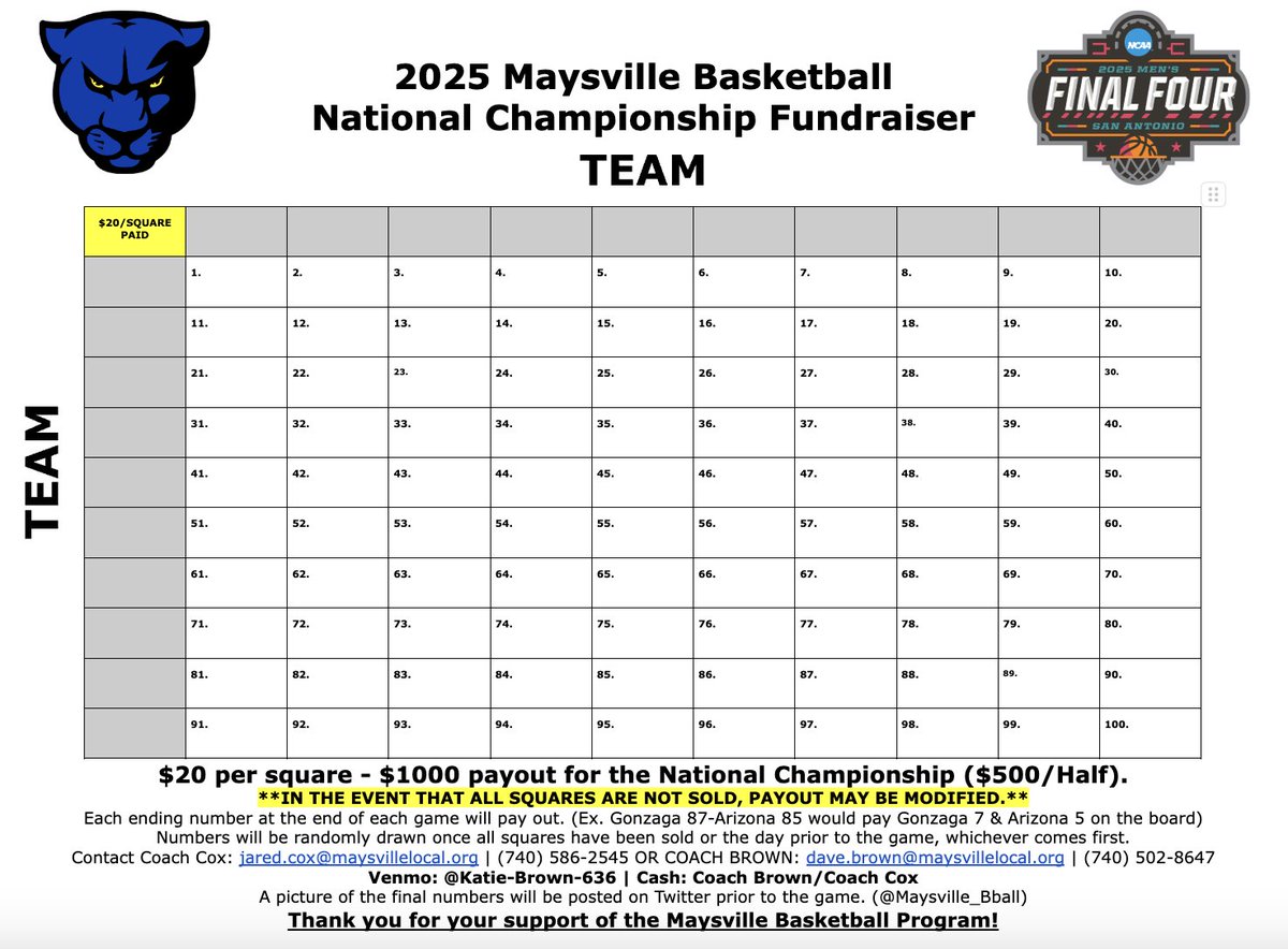 We are also putting on our annual National Championship Squares Fundraiser! If you would like a square let Coach Brown or Coach Cox know! #AdvantageUs