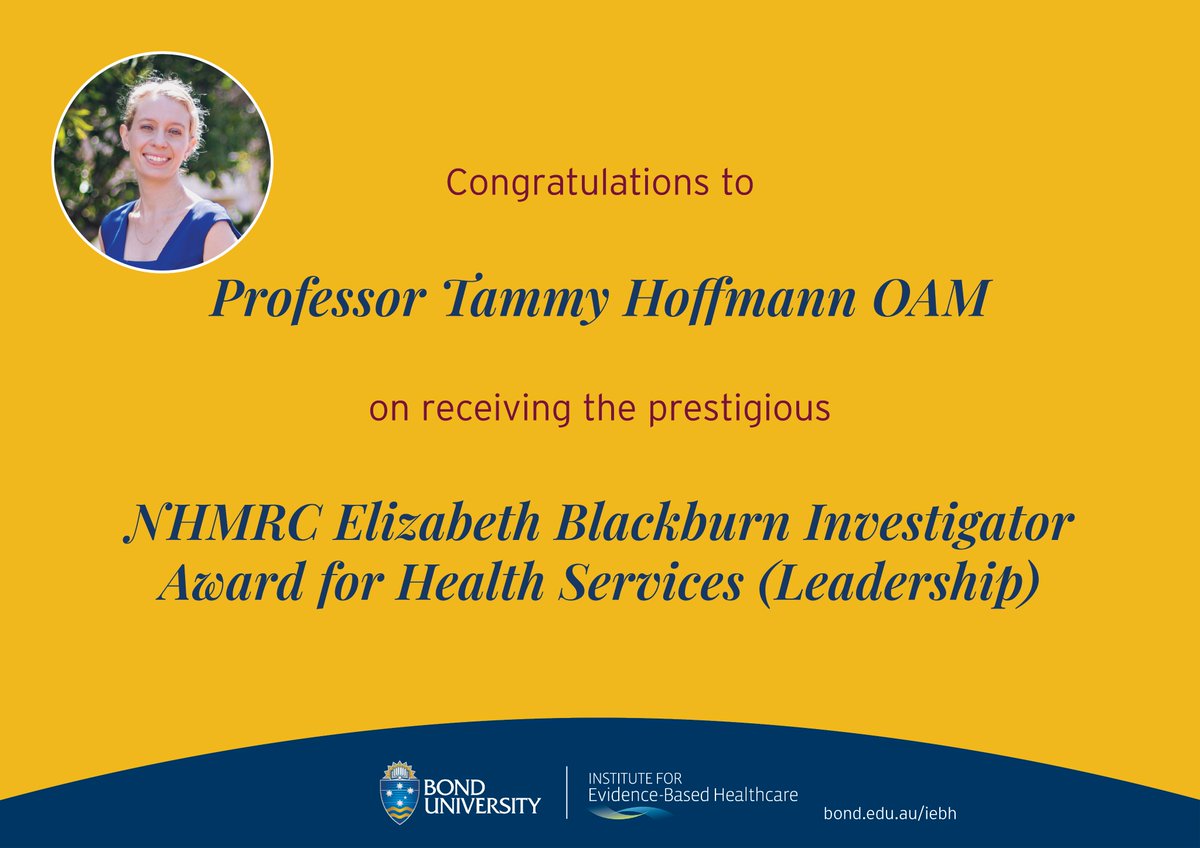 Institute for Evidence-Based Healthcare (@institute4ebh) on Twitter photo ✨Congratulations to <a href="/Tammy_Hoffmann/">Prof. Tammy Hoffmann</a> for being honoured at the @NHMRC Research Excellence Awards last night! Tammy received the prestigious #ElizabethBlackburn Investigator Award! ✨
<a href="/BondUniversity/">Bond University</a> <a href="/JRedHeart/">Julie Redfern AM ♡</a> <a href="/PaulGlasziou/">Paul Glasziou</a> <a href="/mkimlin/">Prof Michael Kimlin</a>
#ResearchExcellence #AcademicResearch ✨Congratulations to <a href="/Tammy_Hoffmann/">Prof. Tammy Hoffmann</a> for being honoured at the @NHMRC Research Excellence Awards last night! Tammy received the prestigious #ElizabethBlackburn Investigator Award! ✨
<a href="/BondUniversity/">Bond University</a> <a href="/JRedHeart/">Julie Redfern AM ♡</a> <a href="/PaulGlasziou/">Paul Glasziou</a> <a href="/mkimlin/">Prof Michael Kimlin</a>
#ResearchExcellence #AcademicResearch