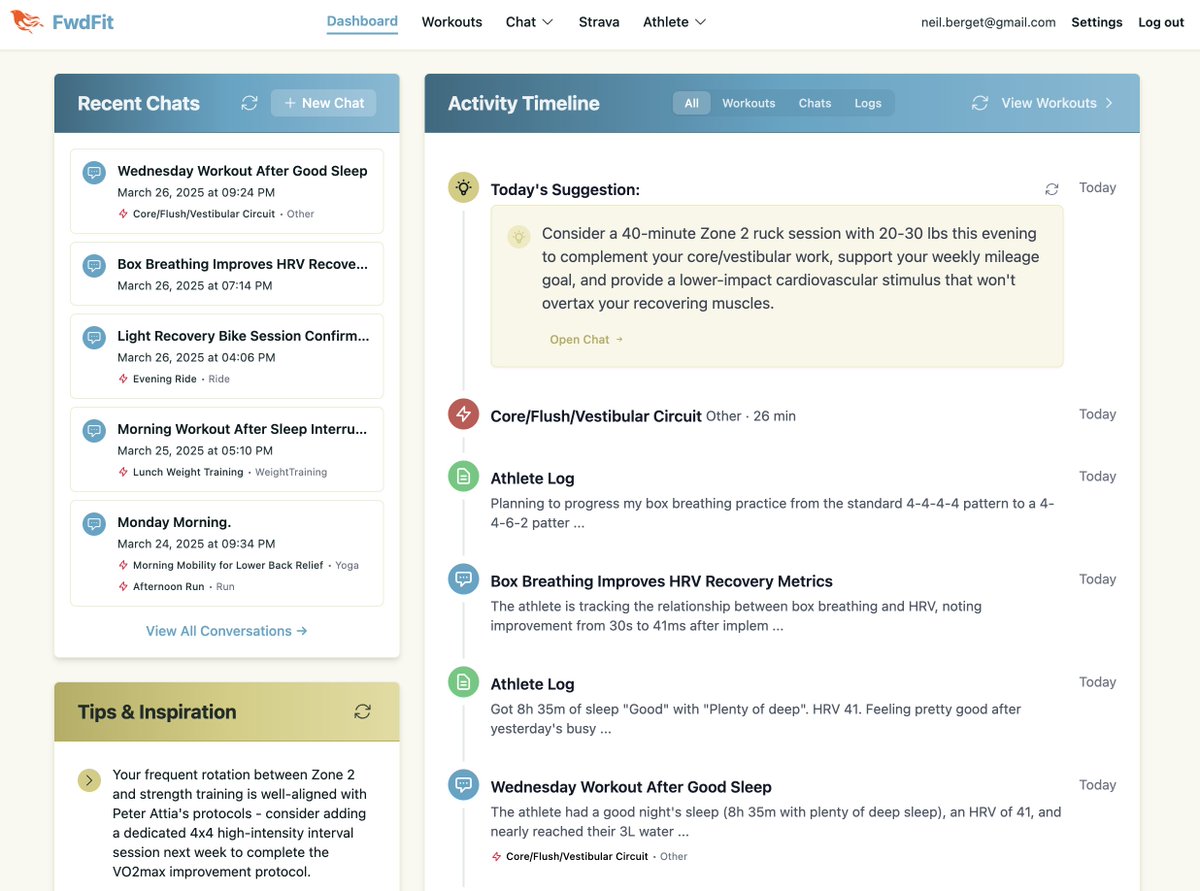 I have not been able to get LLM assisted fitness coaching out of my head.. Spent some vacation time and finally built/vibe coded a tool to play around with the idea.. If that sounds interesting -- let me know and I'll get you an account. I'd love your feedback.