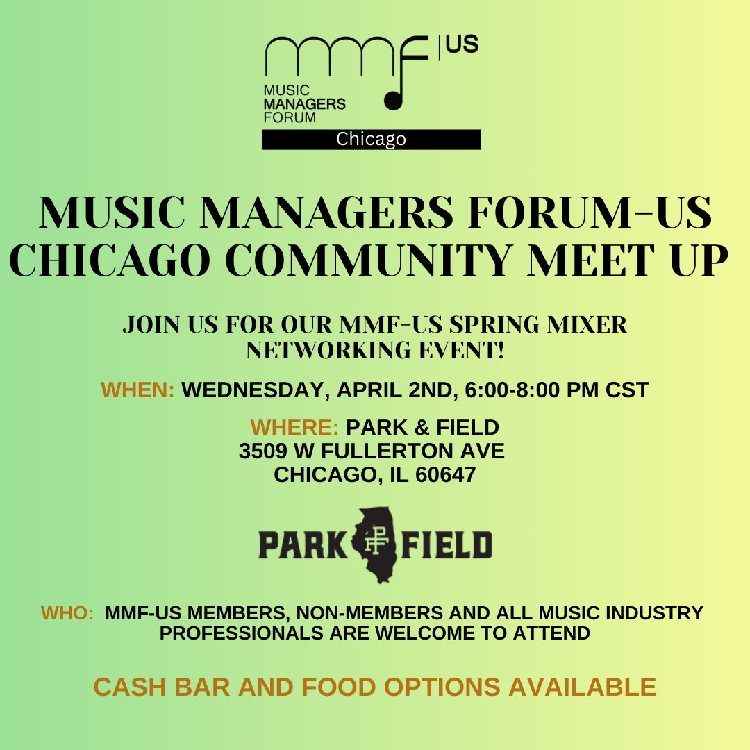 Music Managers Forum (@mmfus) on Twitter photo Join us on April 2nd at @Parkandfieldchi
to connect with professionals in the music industry. If you're an artist manager, self-managed artist, or industry professional, the <a href="/MMFUS/">Music Managers Forum</a> Chicago Chapter Spring Mixer is the place to be.
RSVP HERE: eventbrite.com/e/mmf-us-chicaā¦
#MMFUS Join us on April 2nd at @Parkandfieldchi
to connect with professionals in the music industry. If you're an artist manager, self-managed artist, or industry professional, the <a href="/MMFUS/">Music Managers Forum</a> Chicago Chapter Spring Mixer is the place to be.
RSVP HERE: eventbrite.com/e/mmf-us-chicaā¦
#MMFUS